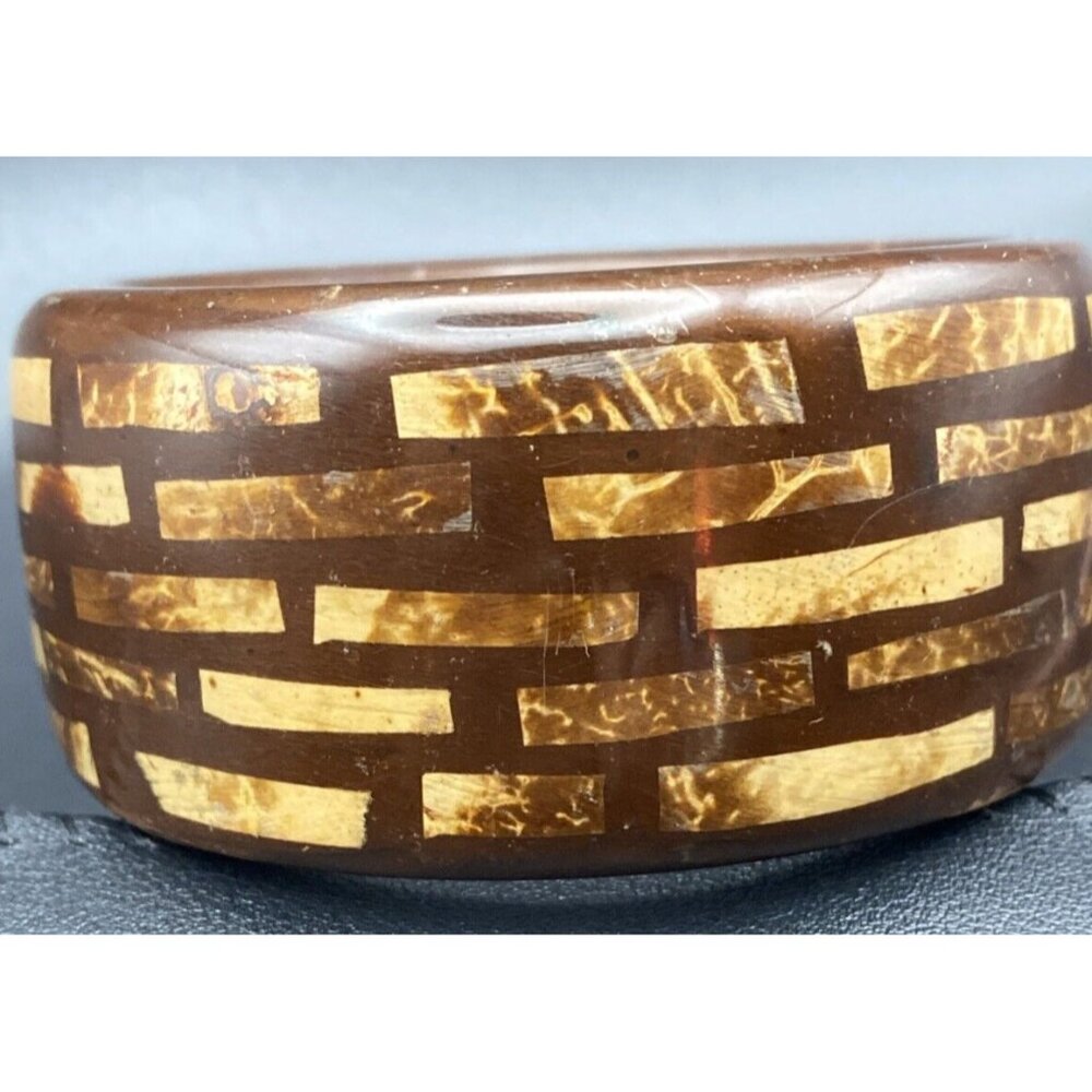 Signed Kenneth Lane Bangle Bracelet  1.5" Wide Inlaid Burled Chunky Wood 8" LOOK - Picture 13 of 15